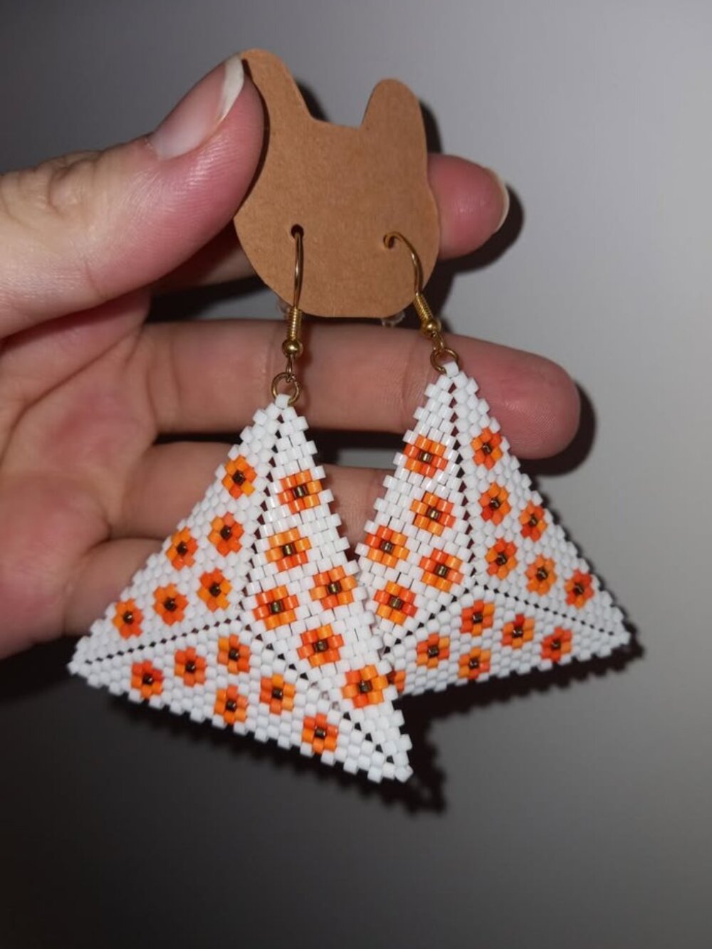✨ New Handmade Earrings with orange flowers – Peyote Triangle Style ✨